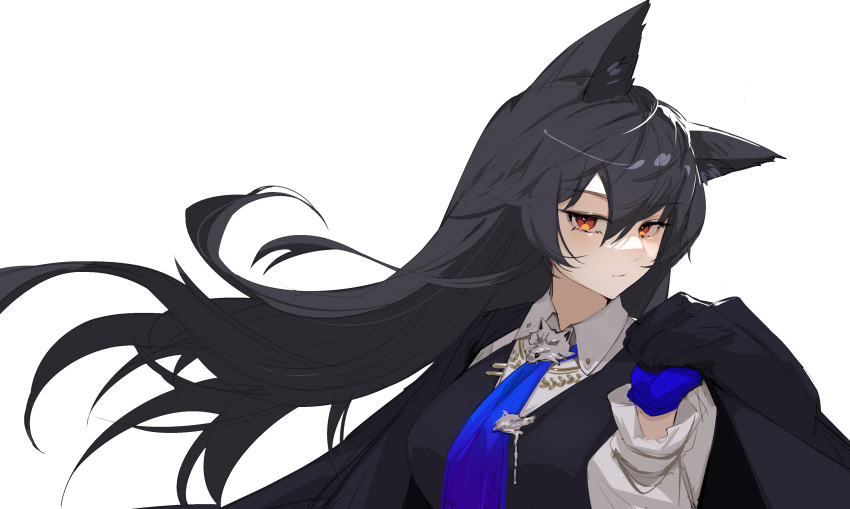 1girl, absurdres, animal_ears, arknights, black_gloves, black_hair, black_vest, breasts