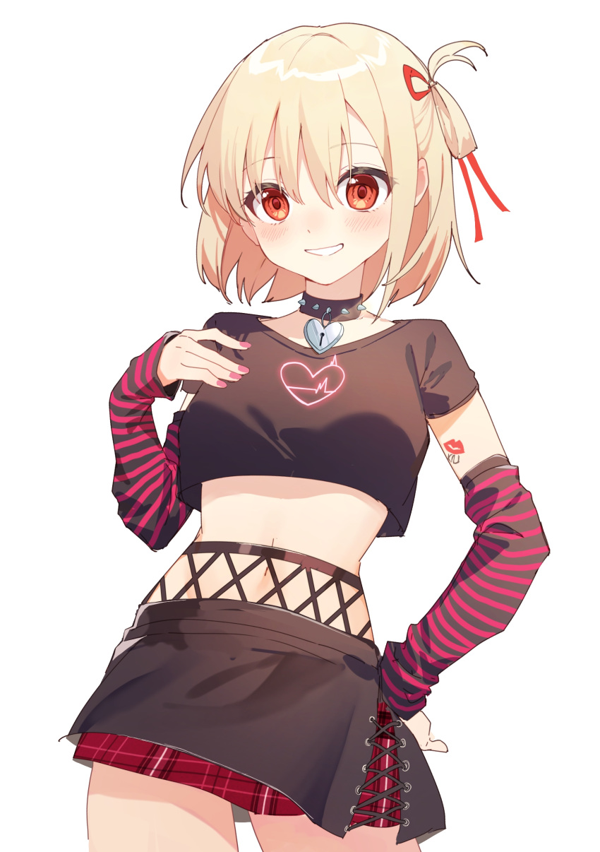 1girl, absurdres, bare_legs, black_choker, black_shirt, blonde_hair, blush, bob_cut, breasts, cardiogram, choker, clothing_request, collar, cowboy_shot, crop_top, detached_sleeves, hair_ribbon, hand_on_hip, hand_on_own_chest, heart, heart-shaped_pendant, highres, jewelry, lipstick_mark_on_arm, locket, looking_at_viewer, lycoris_recoil, medium_breasts, medium_hair, microskirt, midriff, nail_polish, nishikigi_chisato, pendant, plaid, plaid_skirt, red_eyes, ribbon, shirt, skirt, smile, spiked_collar, spikes, striped_sleeves, t-shirt, tattoo, yunweishukuang