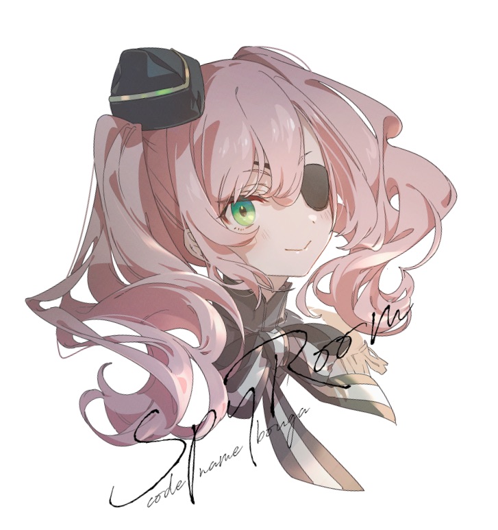 1girl, :>, annette_(spy_kyoushitsu), bangs, black_bow, black_bowtie, black_headwear, blush, bow, bowtie, character_name, closed_mouth, commentary_request, copyright_name, cropped_shoulders, eyepatch, garrison_cap, green_eyes, grey_bow, grey_bowtie, grey_shirt, hair_between_eyes, hat, long_hair, looking_at_viewer, military_hat, mini_hat, partial_commentary, pink_hair, portrait, shirt, simple_background, smile, solo, spy_kyoushitsu, twintails, two-tone_bow, two-tone_bowtie, wavy_hair, white_background, yukizen
