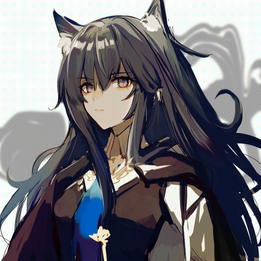 1girl, animal_ear_fluff, animal_ears, anpoai, arknights, black_cape, black_hair, black_vest