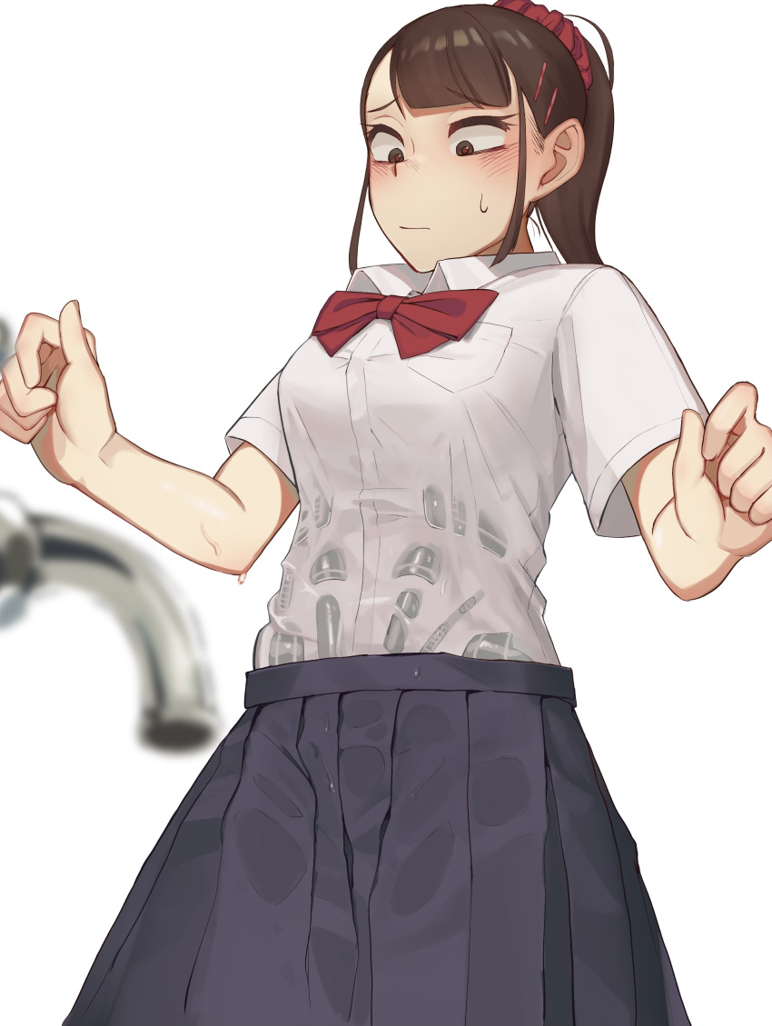 1girl, absurdres, android, bangs, blue_skirt, brown_eyes, brown_hair, closed_mouth