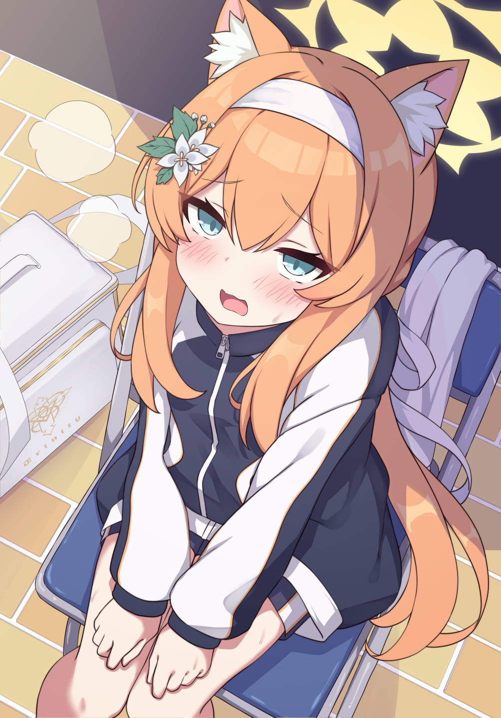 1girl, animal_ear_fluff, animal_ears, blue_archive, blue_eyes, blush, chair, commentary_request