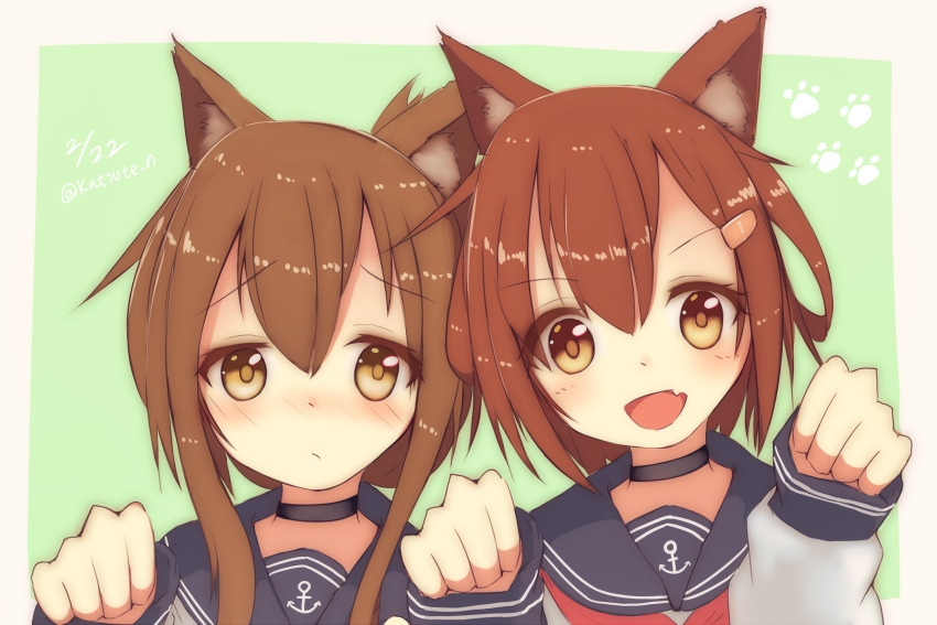 2girls, anchor_symbol, animal_ears, black_choker, blush, brown_eyes, brown_hair, cat_ears