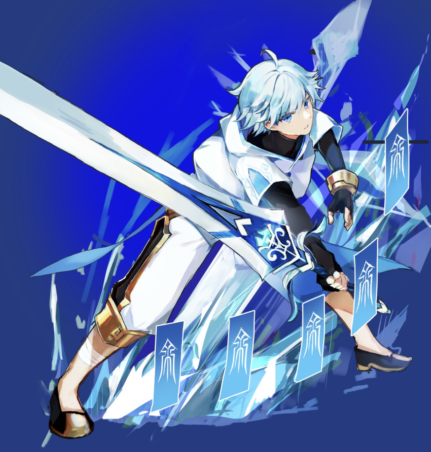 1boy, bandage_on_leg, black_gloves, black_undershirt, blue_background, blue_eyes, blue_hair, chongyun_(genshin_impact)