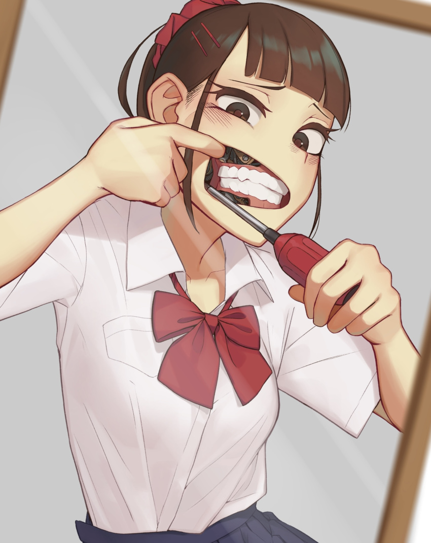 1girl, android, bangs, bow, brown_eyes, brown_hair, collared_shirt, finger_to_mouth