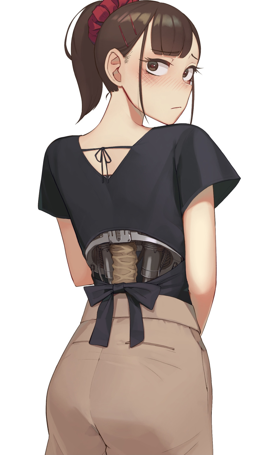 1girl, android, back_cutout, bangs, black_shirt, brown_eyes, brown_hair, closed_mouth
