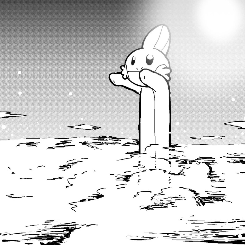 axolotl, closed_mouth, clouds, greyscale, highres, long_body, longcat_(meme), meme