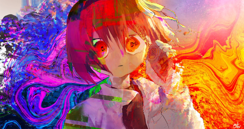 1girl, a.i._voice, adachi_rei, bangs, black_hairband, black_shirt, blank_stare, blue_background