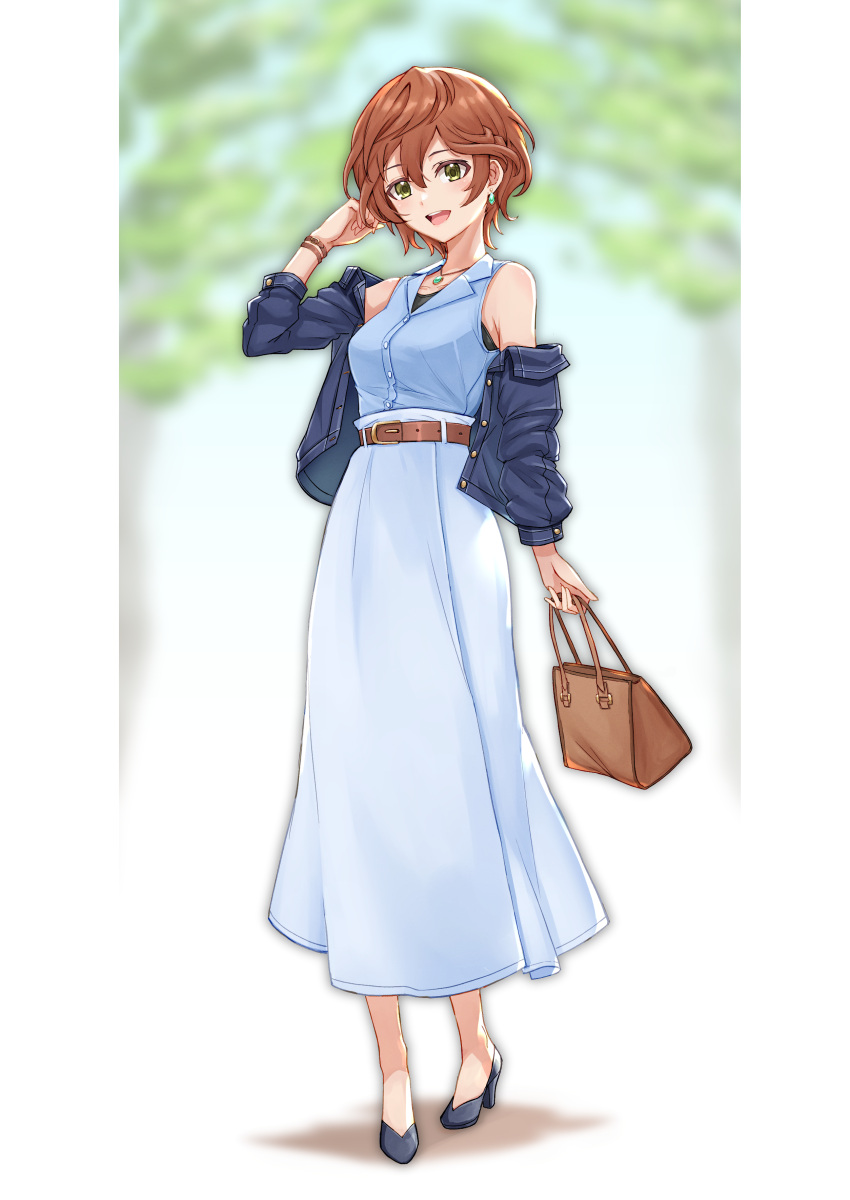 1girl, absurdres, ankimo_(nirudo), bag, belt, black_footwear, black_jacket, breasts, brown_hair, commission, denim, denim_jacket, earrings, from_behind, full_body, gem, green_eyes, handbag, high_heels, highres, holding, holding_bag, idolmaster, idolmaster_cinderella_girls, jacket, jewelry, long_skirt, looking_at_viewer, necklace, off_shoulder, open_clothes, open_jacket, open_mouth, pumps, shirt, short_hair, skeb_commission, skirt, sleeveless, sleeveless_shirt, small_breasts, smile, solo, teeth, upper_teeth, white_shirt, white_skirt, wrist_straps, yoshioka_saki