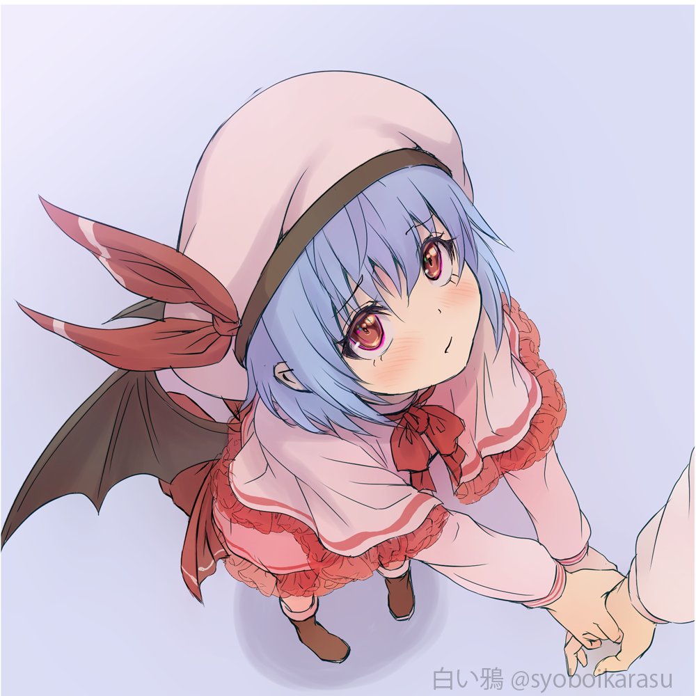 1boy, 1girl, :/, adapted_costume, bat_wings, blue_hair, blush, closed_mouth