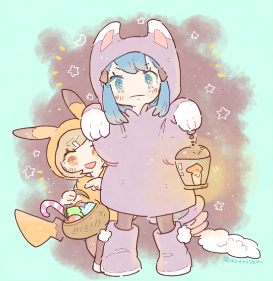 2girls, :d, alternate_costume, basket, black_pantyhose, blue_eyes, blue_hair, boots