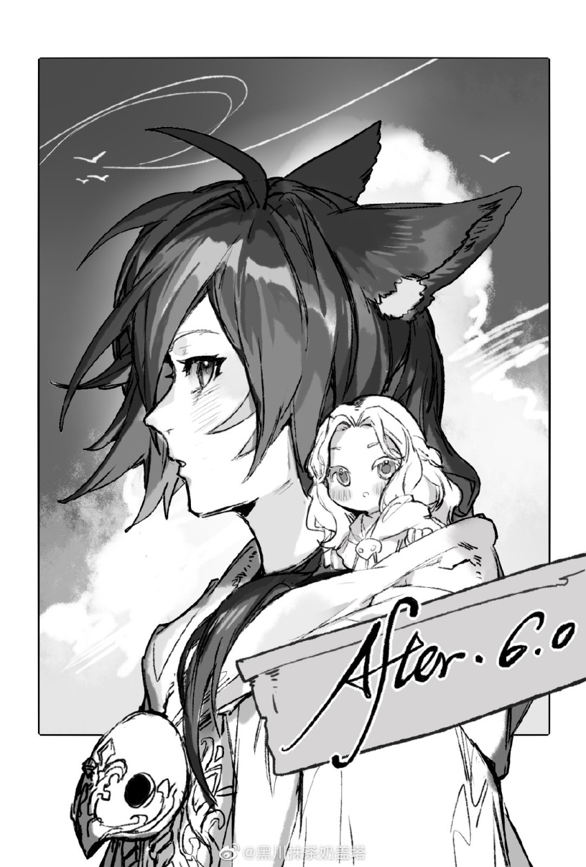 2girls, :o, ahoge, animal_ear_fluff, animal_ears, avatar_(ff14), bangs, blush, braid, cat_ears, chinese_commentary, clouds, commentary_request, english_text, facial_mark, final_fantasy, final_fantasy_xiv, from_side, greyscale, half_updo, heichuan_mocha_naigaita, highres, hood, hood_down, looking_at_viewer, mask, mask_around_neck, mask_removed, medium_hair, minigirl, miqo'te, monochrome, multiple_girls, on_shoulder, open_mouth, parted_lips, person_on_shoulder, profile, side_ponytail, single_braid, sitting_on_shoulder, size_difference, sky, venat_(ff14), wavy_hair, weibo_logo, weibo_username