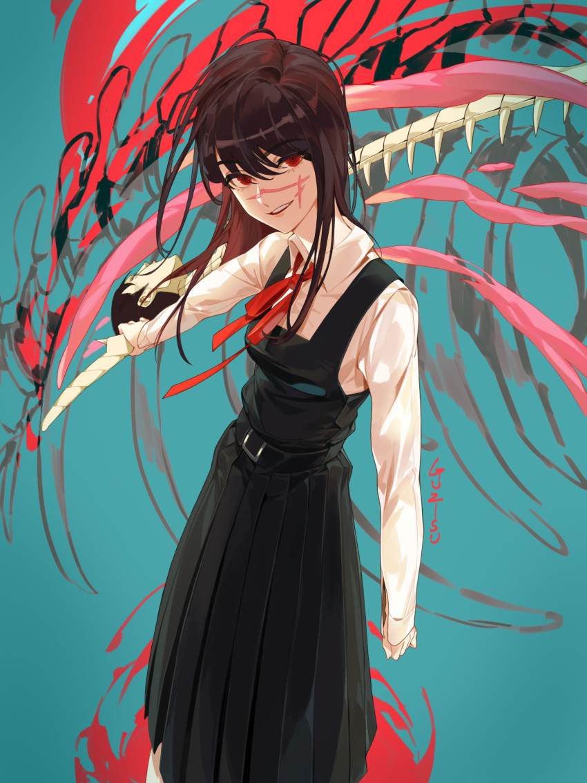 1girl, bangs, belt, black_dress, black_hair, blue_background, chainsaw_man, commentary