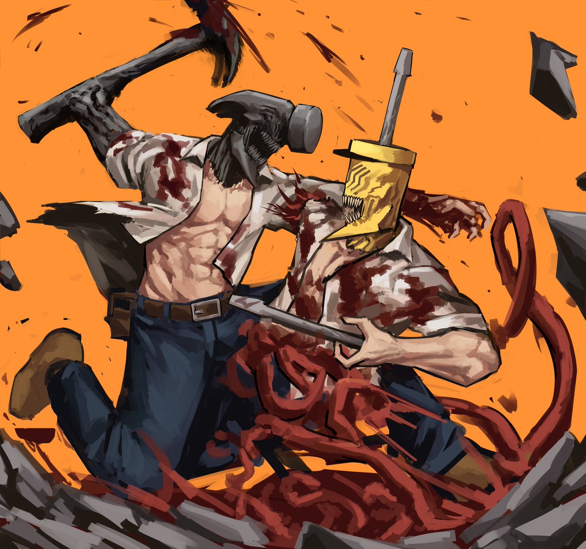 2boys, battle, belt, blood, brown_belt, brown_footwear, chainsaw_man, demon_boy