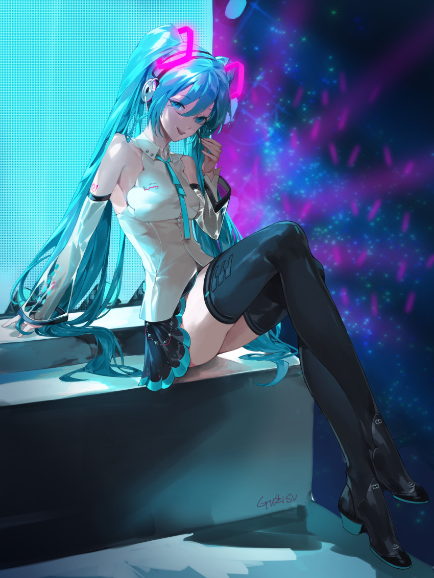 1girl, absurdres, aqua_eyes, aqua_hair, arm_support, black_footwear, black_skirt, black_thighhighs