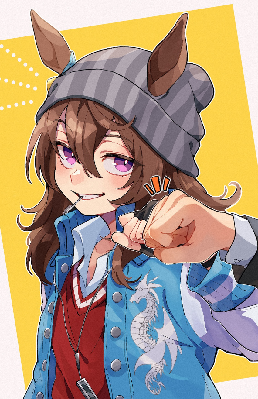1boy, 1girl, animal_ears, beanie, black_gloves, blush, brown_hair, buttons