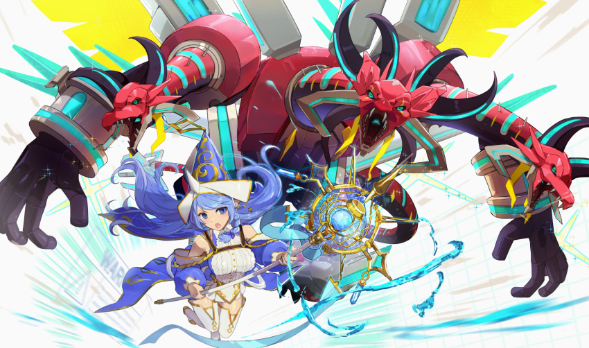 1girl, blue_eyes, blue_hair, borrelend_dragon, braid, detached_sleeves, dragon, duel_monster