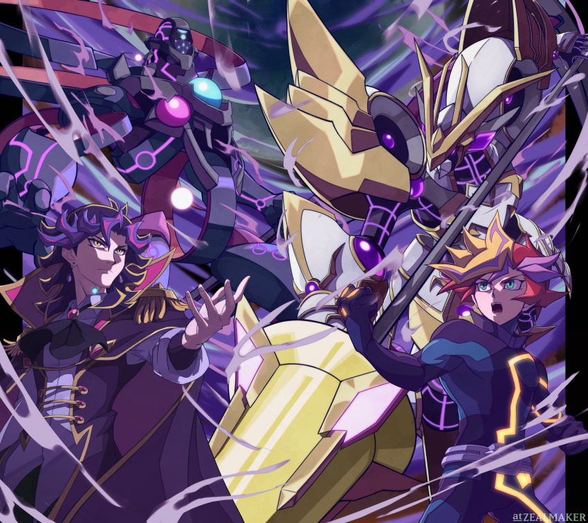 2boys, absurdres, accesscode_talker, ai_(yu-gi-oh!), armor, ascot, black_hair, blonde_hair