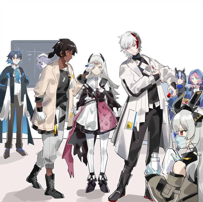 3boys, 5girls, animal_ears, animal_hood, arknights, bangs, bare_shoulders, black_footwear, black_hair, black_jacket, black_shirt, blue_eyes, blue_gloves, blue_hair, blue_jacket, blue_poison_(arknights), boots, brown_footwear, brown_jacket, brown_pants, capelet, chalkboard, closed_mouth, commentary, cross-laced_footwear, dark-skinned_male, dark_skin, elysium_(arknights), english_commentary, eyepatch, fake_animal_ears, freckles, glaucus_(arknights), gloves, grape_(pixiv27523889), grey_eyes, grey_hair, grey_pants, hair_between_eyes, hair_over_one_eye, hat, highres, holding, hood, hood_up, hooded_jacket, irene_(arknights), jacket, lace-up_boots, long_hair, lumen_(arknights), marker, medical_eyepatch, multicolored_hair, multiple_boys, multiple_girls, nurse_cap, open_clothes, open_jacket, orange_eyes, pants, pantyhose, parted_bangs, pink_hair, pointy_ears, profile, purple_hair, redhead, shirt, shoes, simple_background, skirt, standing, streaked_hair, tally, thorns_(arknights), tic-tac-toe, two-tone_hair, very_long_hair, violet_eyes, weedy_(arknights), whisperain_(arknights), white_background, white_capelet, white_hair, white_headwear, white_jacket, white_pantyhose, white_shirt, white_skirt