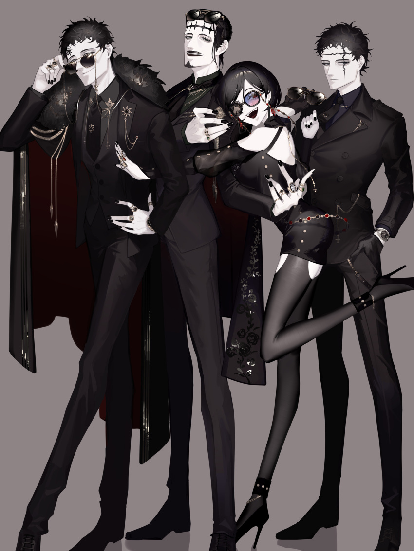 1girl, 3boys, absurdres, black_clover, black_hair, black_necktie, dante_zogratis, facial_mark, forehead_mark, formal, frit_2, grey_background, highres, jewelry, lucius_zogratis, multiple_boys, necktie, pale_skin, pin, ring, siblings, suit, sunglasses, vanica_zogratis, zenon_zogratis