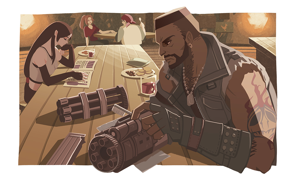 2boys, 2girls, arm_tattoo, bandana, bar_(place), bare_shoulders, barret_wallace, beard