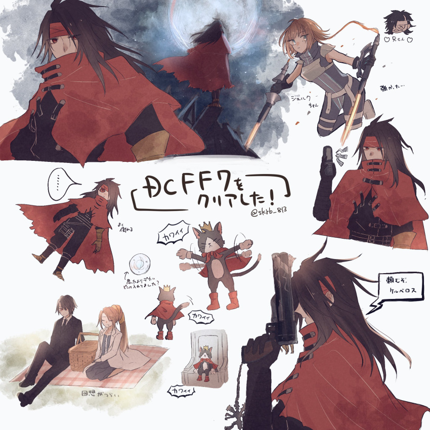 2boys, 2girls, armor, bangs, black_footwear, black_gloves, black_hair, black_jacket, black_necktie, black_pants, black_shirt, black_suit, breasts, brown_hair, cait_sith_(ff7), cape, cat, clawed_gauntlets, cloak, closed_eyes, coat, collared_shirt, crown, dirge_of_cerberus_final_fantasy_vii, dual_wielding, final_fantasy, final_fantasy_vii, formal, full_moon, gloves, gun, hair_over_one_eye, hair_ribbon, handgun, headband, highres, holding, holding_gun, holding_weapon, jacket, kneeling, labcoat, long_hair, long_sleeves, lucrecia_crescent, medium_breasts, mini_crown, moon, multiple_boys, multiple_girls, multiple_views, necktie, nero_the_sable, pants, parted_bangs, picnic, picnic_basket, ponytail, red_cape, red_cloak, red_eyes, red_footwear, red_headband, ribbon, shelke_the_transparent, shirt, short_hair, shoulder_armor, sitting, skrb_813, speech_bubble, suit, suit_jacket, vincent_valentine, weapon, white_coat, white_gloves, white_mask, white_shirt, yellow_ribbon