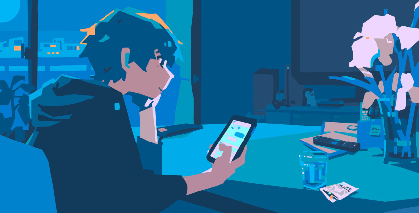 1boy, absurdres, bangs, blue_hair, blue_hoodie, blue_theme, cellphone, closed_mouth