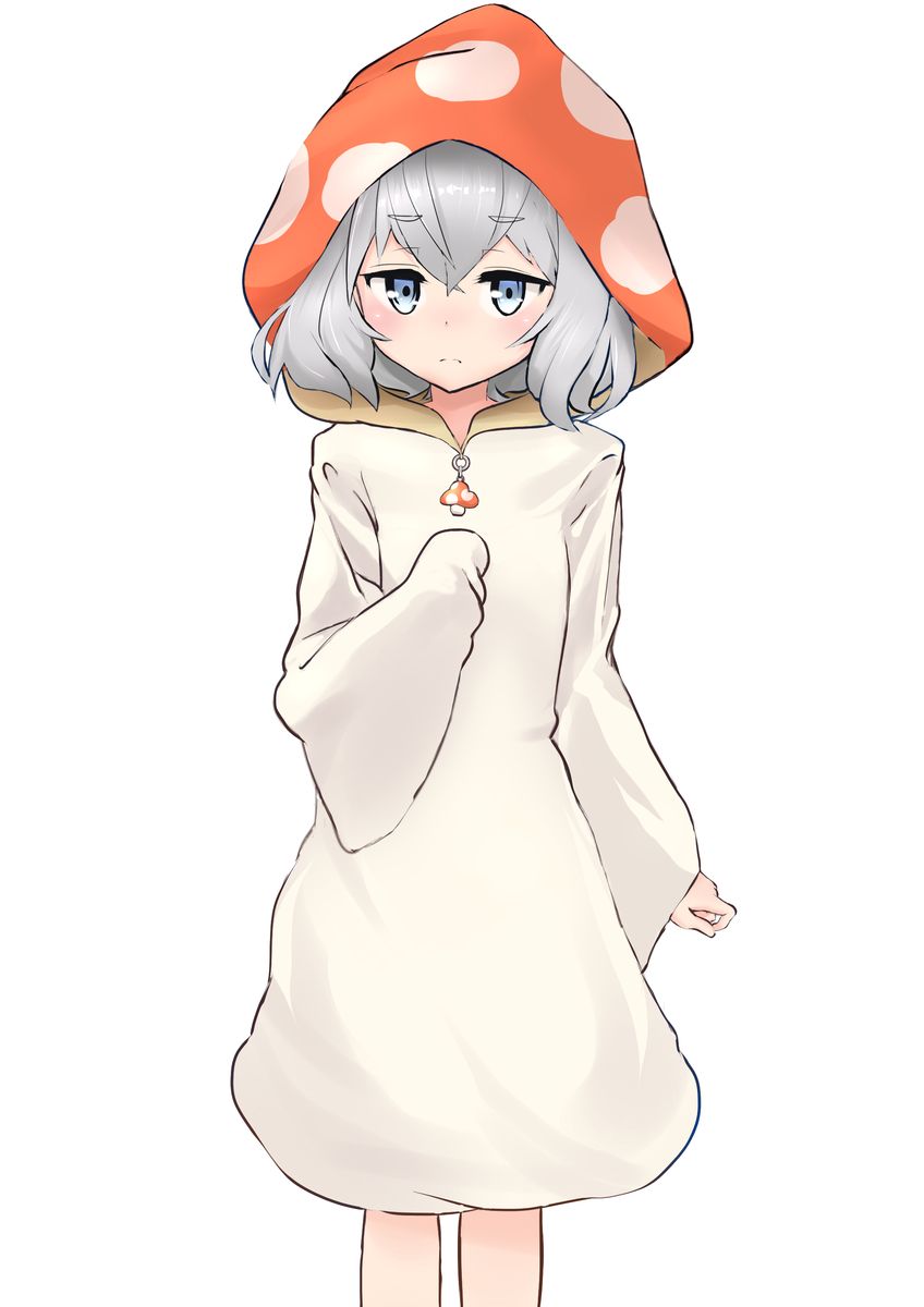 1girl, alternate_costume, bangs, blue_eyes, blush, closed_mouth, crossed_bangs, grey_hair