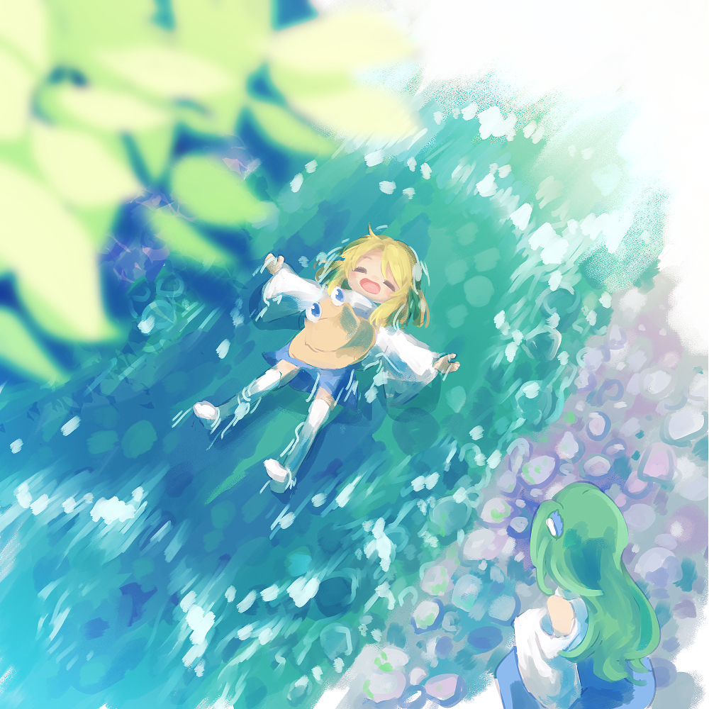 2girls, ayakashi_(monkeypanch), blonde_hair, blue_skirt, blurry, closed_eyes, commentary_request, depth_of_field, detached_sleeves, green_hair, hair_ornament, hat_on_chest, kochiya_sanae, long_hair, lying, moriya_suwako, multiple_girls, on_back, open_mouth, skirt, stream, thigh-highs, touhou, white_sleeves, white_thighhighs, wide_sleeves