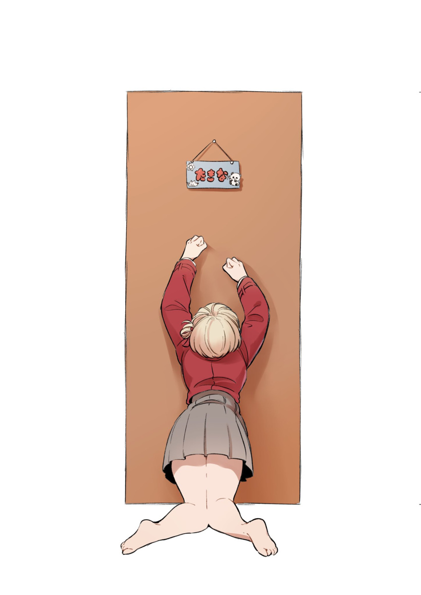 1girl, barefoot, blonde_hair, bob_cut, door, dress, grey_dress, highres