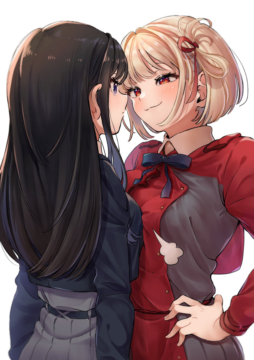 2girls, :3, asymmetrical_docking, bangs, black_hair, blonde_hair, blue_dress, blue_ribbon