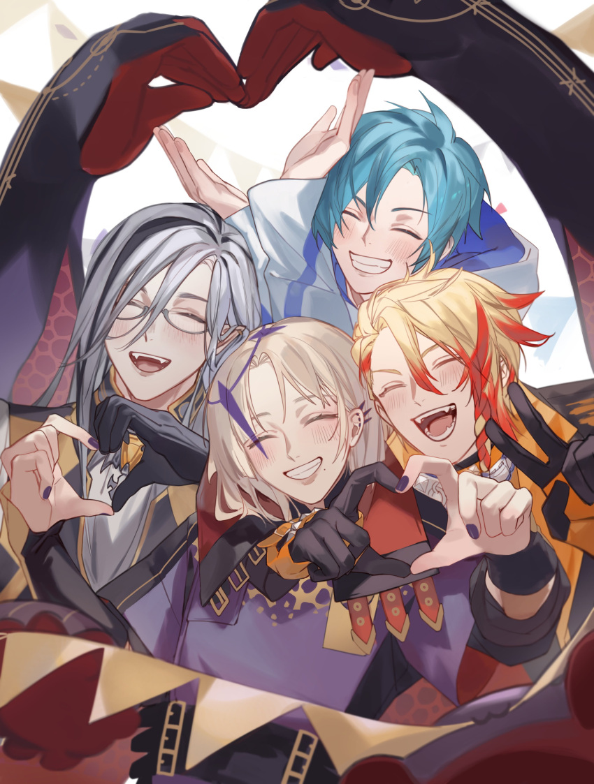 4boys, :d, ^_^, absurdres, axel_syrios, bangs, black_gloves, black_hair, blonde_hair, braid, chul_(pacifique), closed_eyes, commentary, ear_piercing, english_commentary, extra_arms, fangs, glasses, gloves, grey-framed_eyewear, grin, hair_between_eyes, heart, heart_hands, heart_hands_duo, highres, holostars, holostars_english, holotempus, light_blush, light_brown_hair, long_hair, magni_dezmond, male_focus, multicolored_hair, multiple_boys, nail_polish, noir_vesper, open_mouth, piercing, purple_nails, redhead, regis_altare, semi-rimless_eyewear, side_braid, single_braid, smile, streaked_hair, two-tone_hair, under-rim_eyewear, v, white_hair