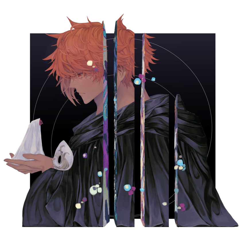 1boy, 1other, absurdres, ambiguous_gender, bangs, black_background, black_capelet, border