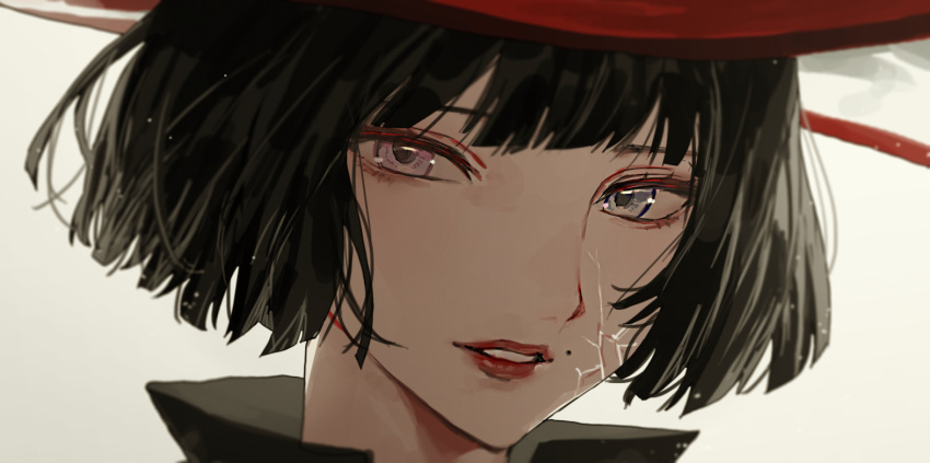 1girl, bangs, black_hair, blunt_bangs, carol0905, close-up, commentary_request, cracked_skin, eyelashes, guilty_gear, guilty_gear_strive, heterochromia, i-no, lipstick, looking_at_viewer, makeup, mole, parted_lips, red_lips, short_hair, simple_background, solo, violet_eyes, white_background, white_eyes, wide_brim, wind