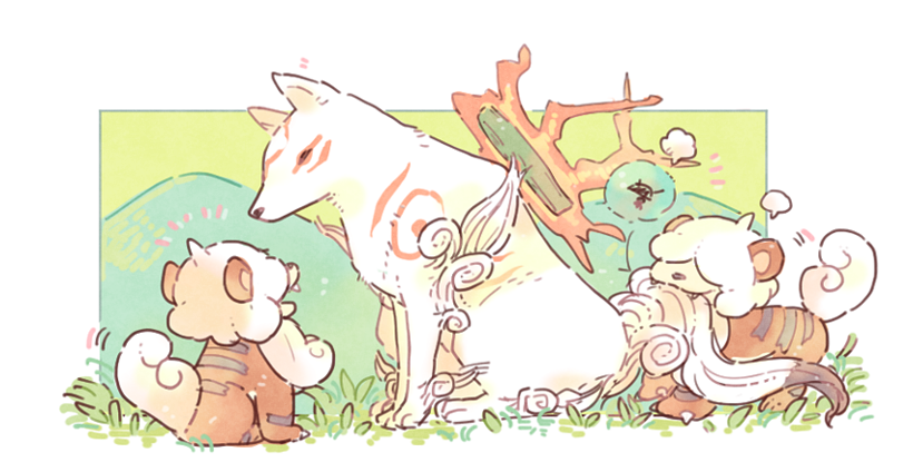 amaterasu_(ookami), animal, biting, covered_eyes, crossover, fangs, fire, grass