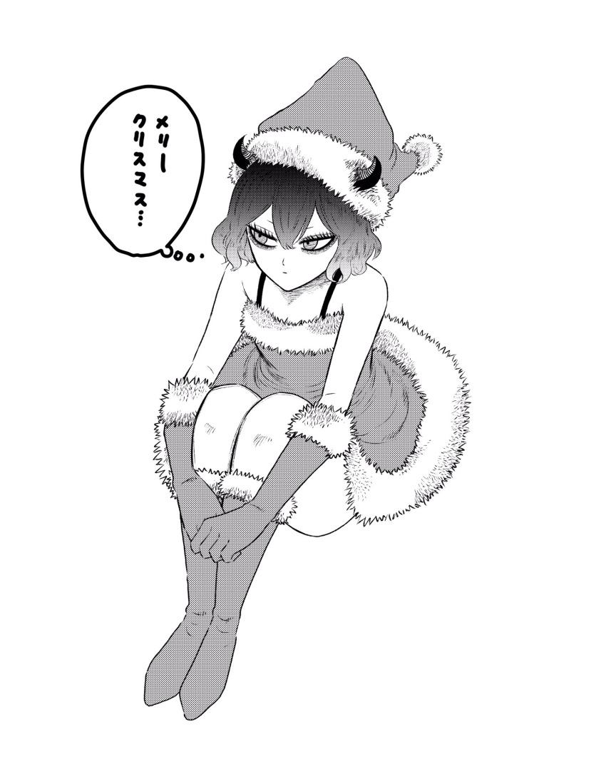 bare_shoulders, black_clover, bob_cut, boots, demon_horns, dress, gloves, greyscale, hat, highres, horns, monochrome, nero_(black_clover), santa_boots, santa_dress, santa_gloves, santa_hat, secre_swallowtail, tashiro_yumiya