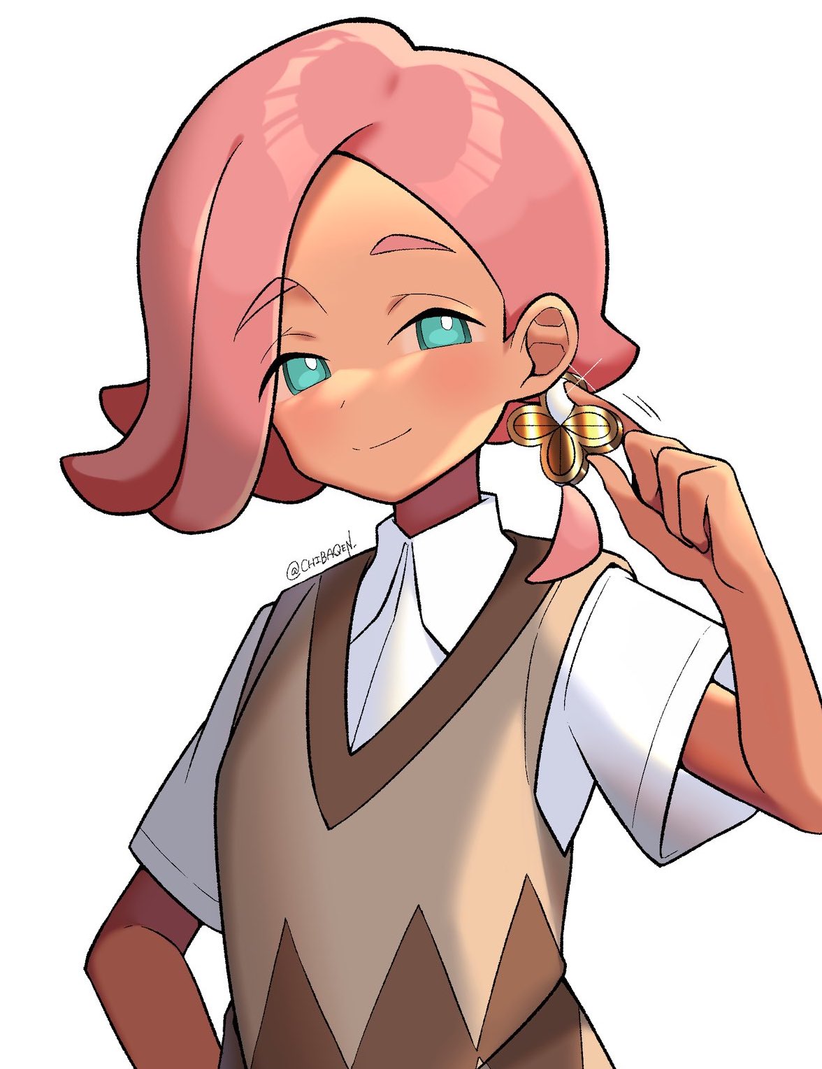 1boy, blush, bright_pupils, brown_vest, chibaqen, closed_mouth, collared_shirt, glint, green_eyes, hand_up, highres, holding, ilima_(pokemon), looking_at_viewer, male_focus, pink_hair, pokemon, pokemon_(game), pokemon_sm, shirt, short_sleeves, simple_background, smile, solo, split_mouth, twitter_username, upper_body, vest, white_background, white_pupils, white_shirt