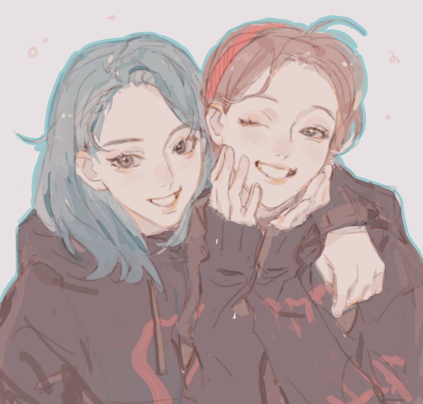 2girls, animification, black_eyes, black_hoodie, black_sweater, blue_eyes, blue_hair, brown_hair