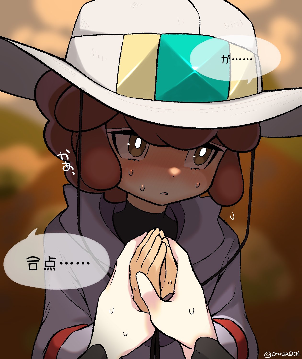 1boy, 1other, black_shirt, blurry, blush, bright_pupils, brown_eyes, brown_hair