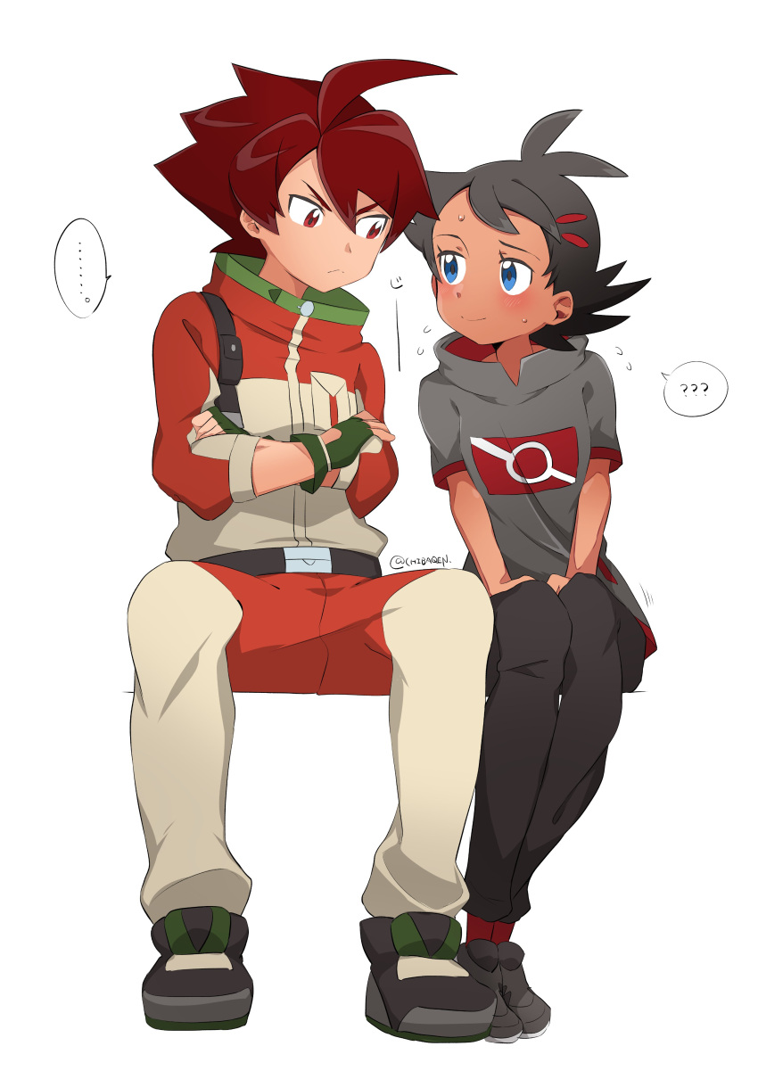 2boys, absurdres, ahoge, bangs, belt, belt_buckle, black_belt, black_hair