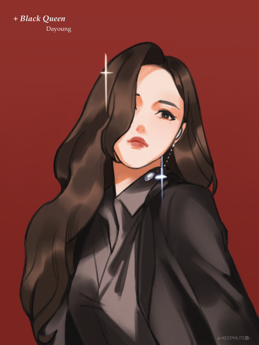 1girl, bangs, black_jacket, brown_eyes, brown_hair, character_name, collared_shirt, dayoung_(wjsn), earrings, english_commentary, expressionless, grey_shirt, head_tilt, highres, jacket, jewelry, k-pop, leaning_forward, long_bangs, mute_(louisehyt), one_eye_covered, real_life, shirt, solo, sparkle, upper_body, wjsn