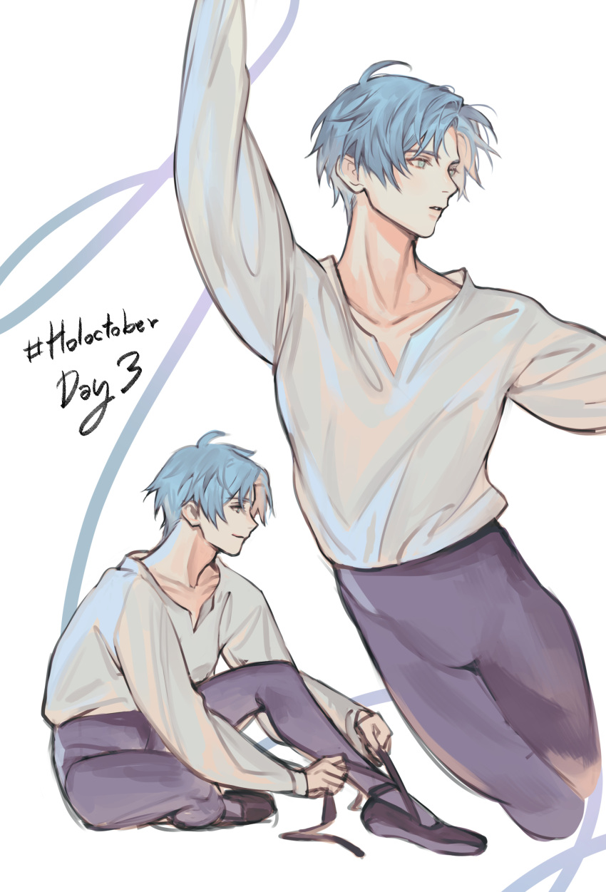 1boy, absurdres, arm_up, ballet, ballet_slippers, blue_eyes, blue_hair, commentary