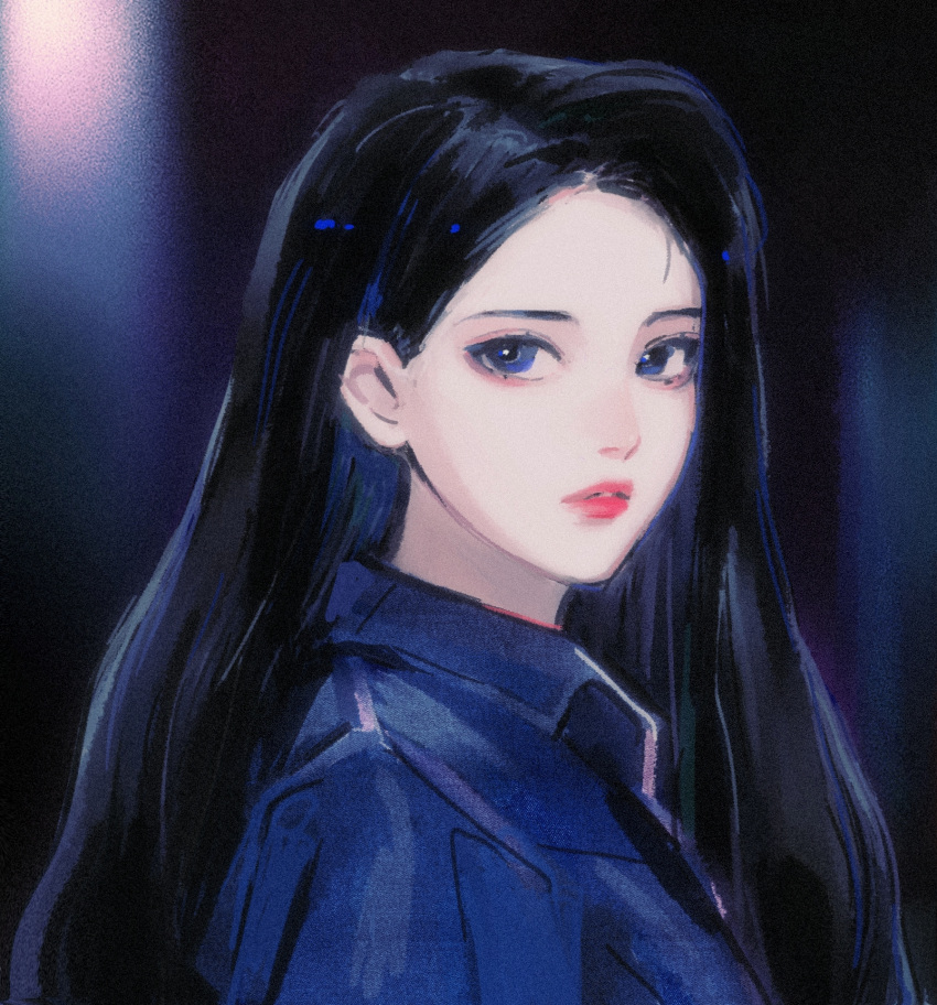 1girl, animification, black_background, black_hair, blue_eyes, blue_shirt, collared_shirt, expressionless, from_side, hair_behind_ear, highres, k-pop, long_hair, looking_at_viewer, mamamoo, parted_hair, portrait, qiao_nan_1028_hao, real_life, shirt, solar_(mamamoo), solo
