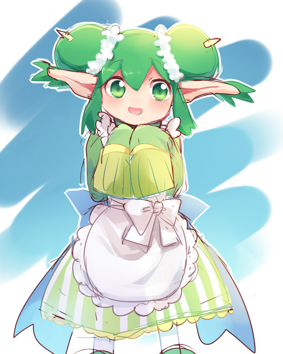 1girl, apron, back_bow, bangs, blue_bow, blue_sky, border, bow