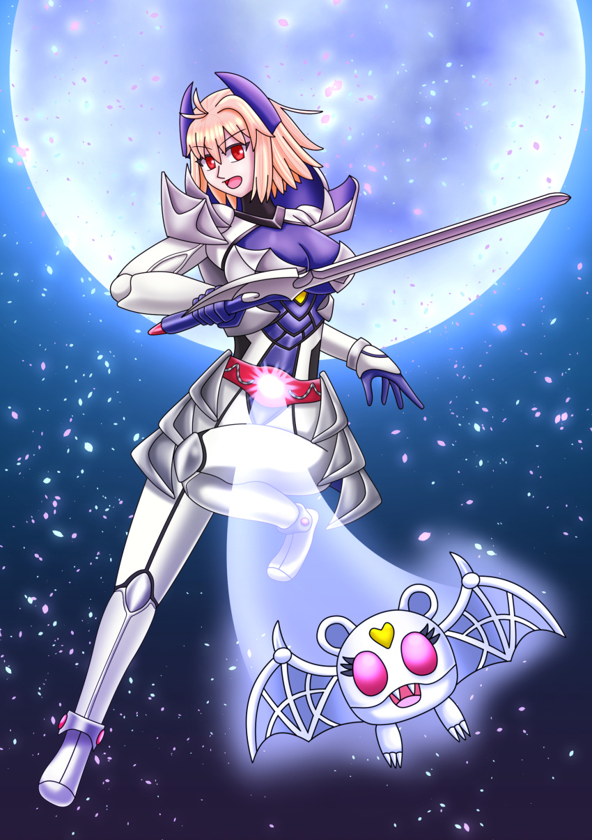 1girl, absurdres, arcueid_brunestud, armor, belt, blonde_hair, breastplate, breasts, cosplay, crossover, gauntlets, gloves, hair_intakes, highres, holding, holding_weapon, kamen_rider, kamen_rider_dcd, kamen_rider_kivala, kamen_rider_kivala_(cosplay), kivala, looking_at_viewer, medium_breasts, red_eyes, short_hair, shoulder_armor, solo, sword, tsukihime, weapon