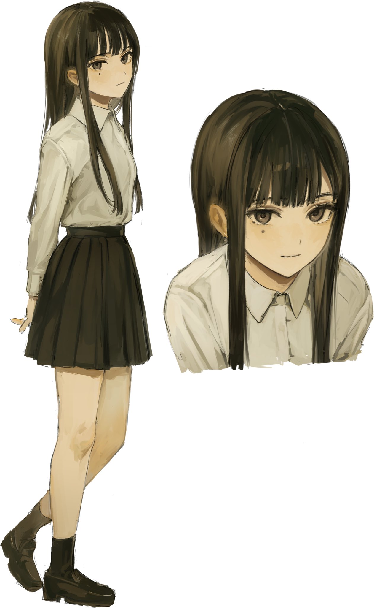 1girl, arms_behind_back, bangs, black_footwear, black_skirt, black_socks, brown_eyes, brown_hair