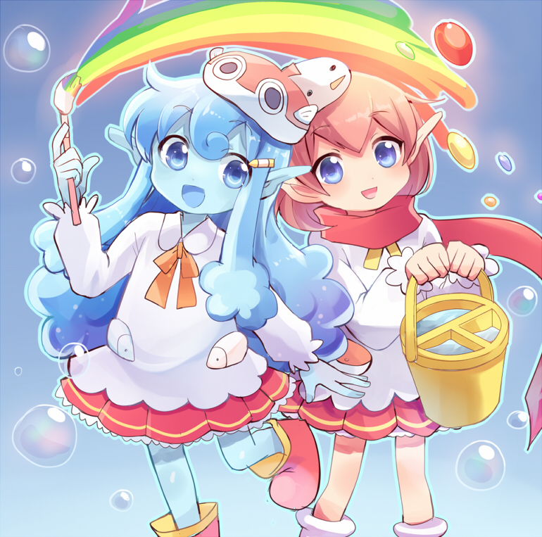 2girls, aqua_hair, blue_eyes, blue_skin, blue_sky, bow, bowtie, bubble