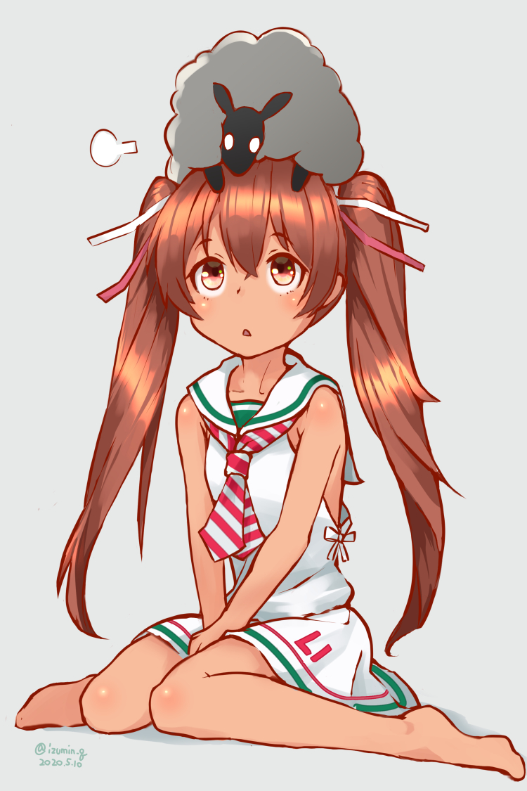 1girl, =3, animal, animal_on_head, bangs, barefoot, black_sheep, brown_eyes