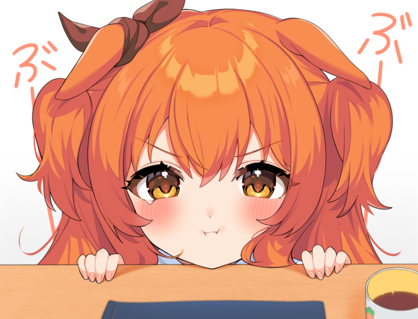 1girl, animal_ears, blush, closed_mouth, cup, hair_between_eyes, horse_ears, horse_girl