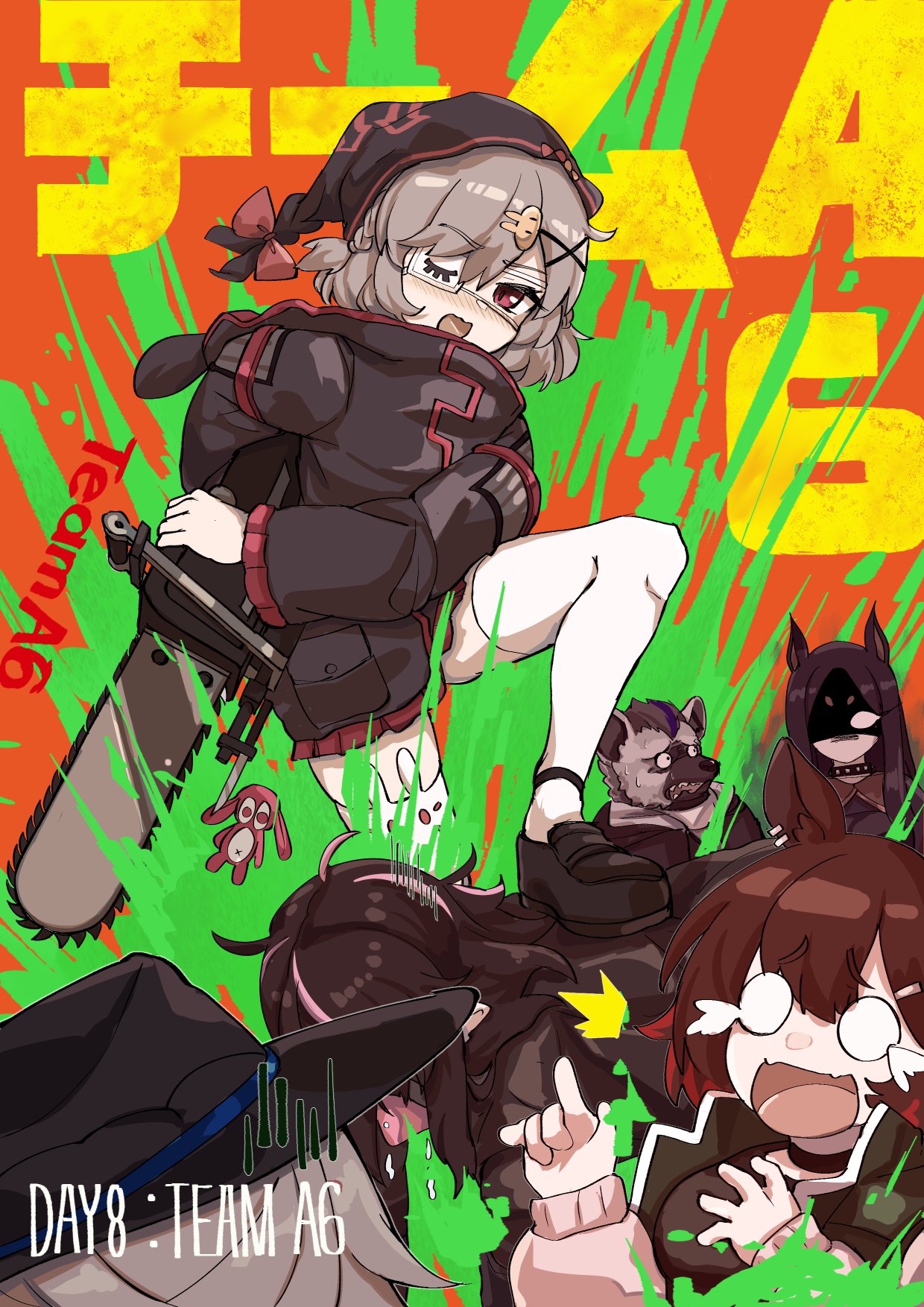 arknights, black_hair, brown_hair, catapult_(arknights), chainsaw, chainsaw_man, dobermann_(arknights), eyepatch